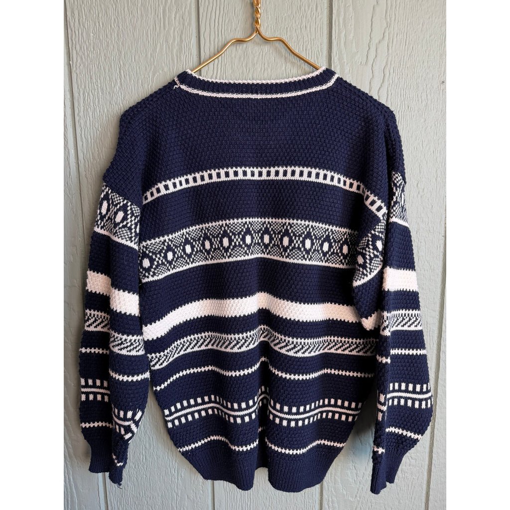 Vintage 90s Pasta Patterned Knit Sweater | Navy & Cream | Cozy Oversized Fit, SM