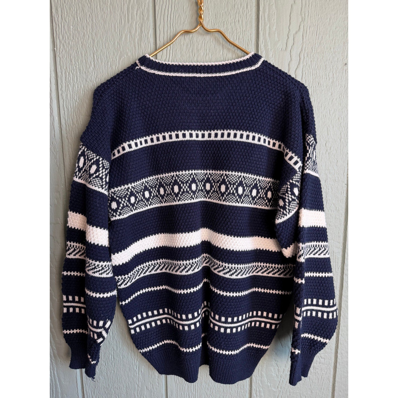 Vintage 90s Pasta Patterned Knit Sweater | Navy & Cream | Cozy Oversized Fit, SM