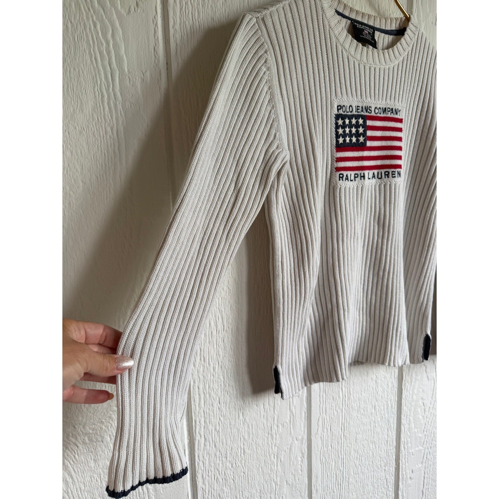 Vintage Polo Ralph Lauren Ribbed Knit Creamy Beige Luxury USA Flag Sweater Med