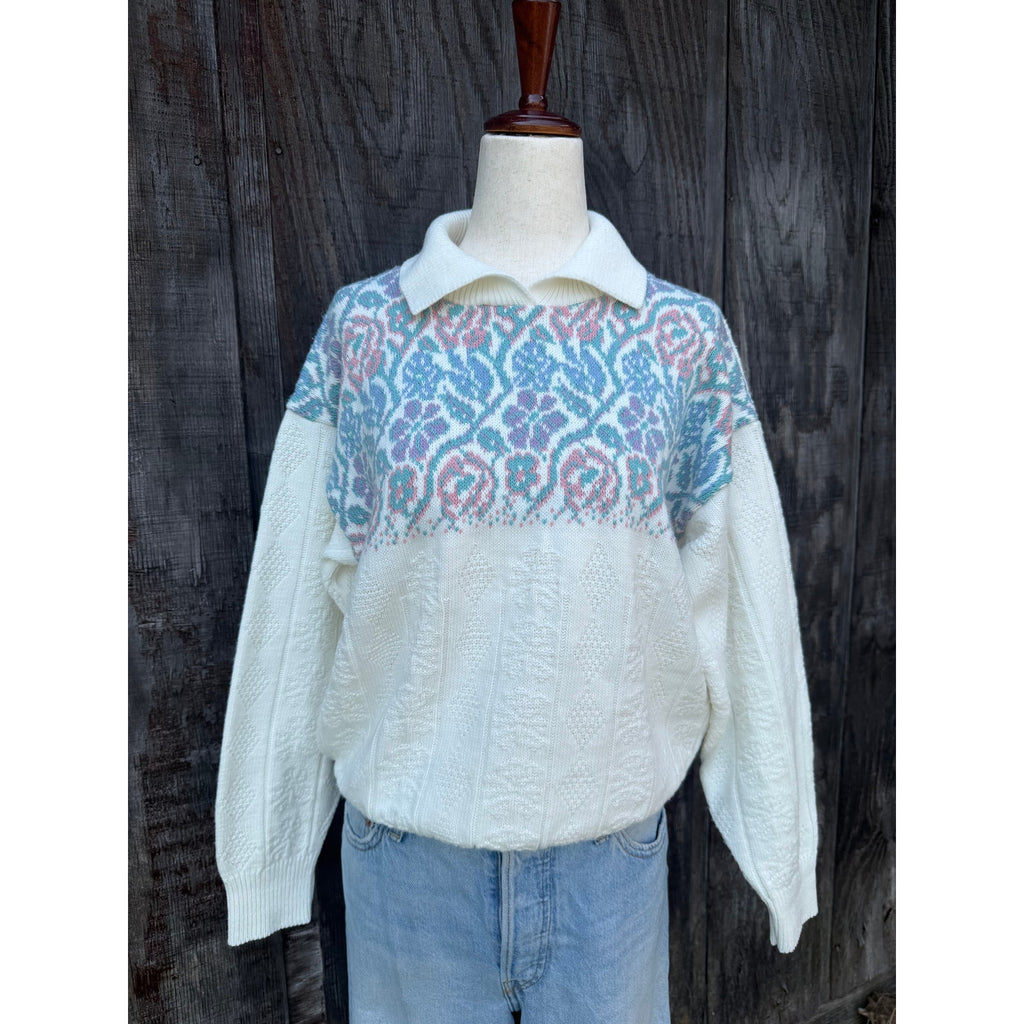 Vintage 80s Pastel Floral Knit Collared Sweater, Small