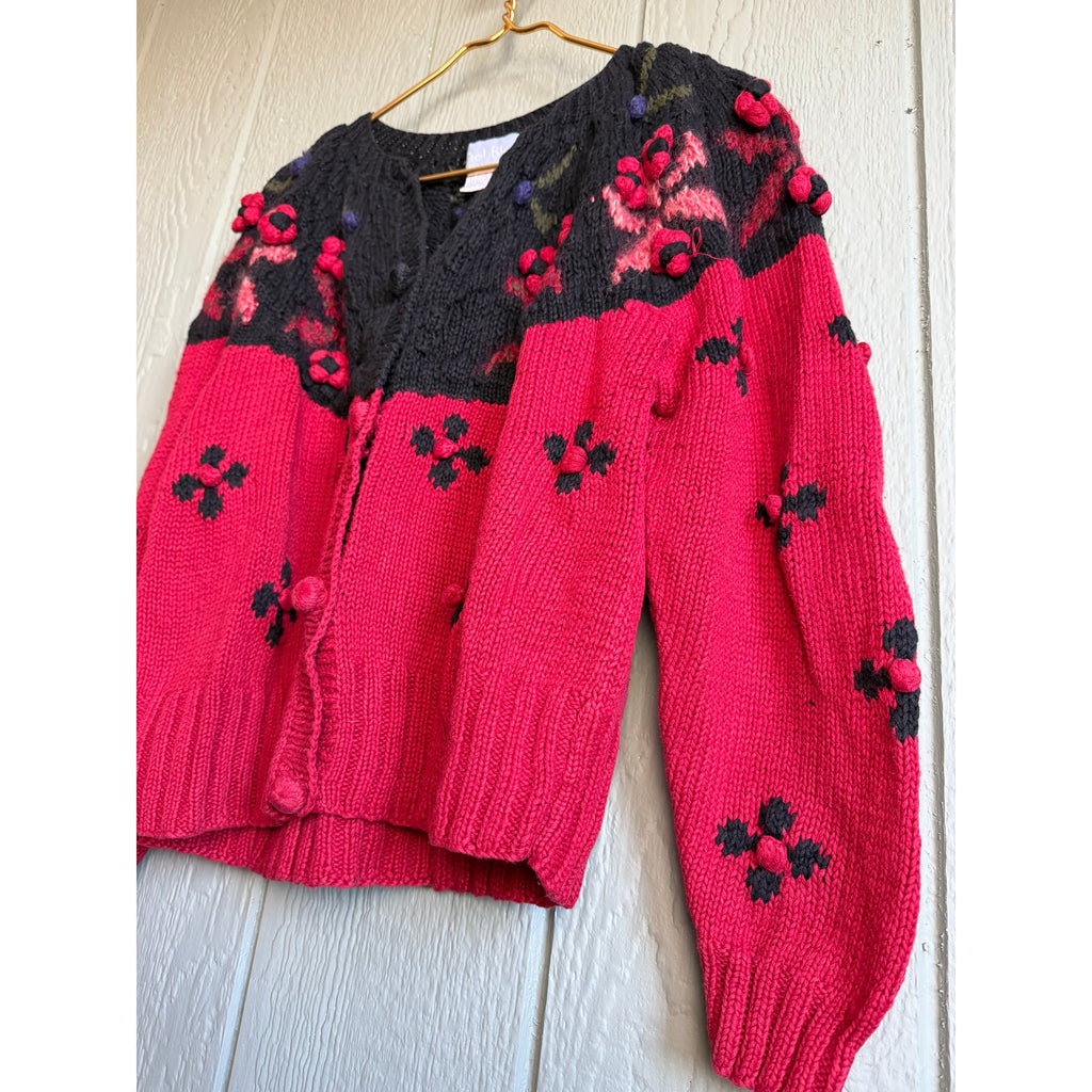 Vintage Hand Knit Floral Cardigan Sweater Red & Black Chunky Button Front Medium