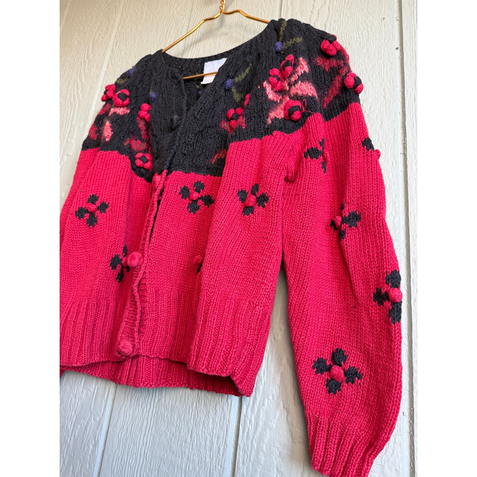Vintage Hand Knit Floral Cardigan Sweater Red & Black Chunky Button Front Medium