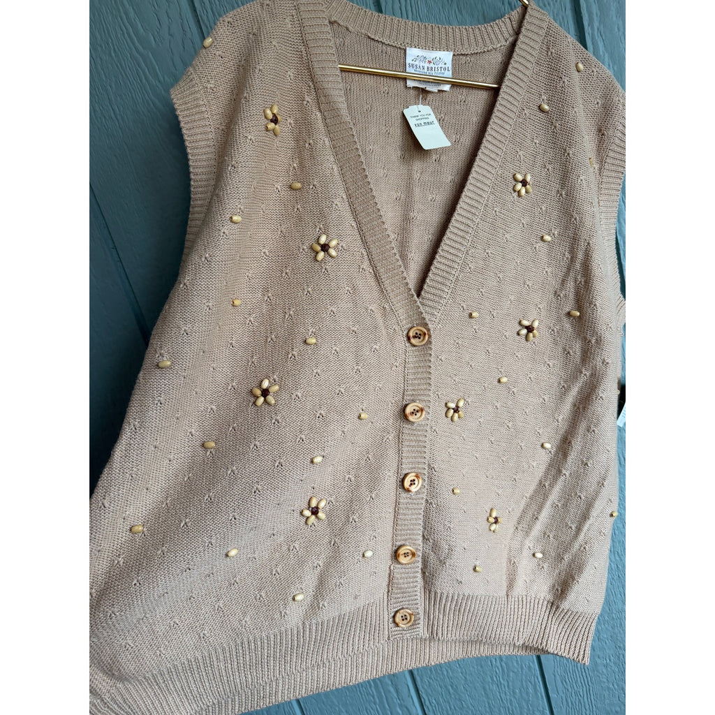 NWT Vintage 1992 Susan Bristol Beaded Floral Knit Vest Embroidered Cottagecore