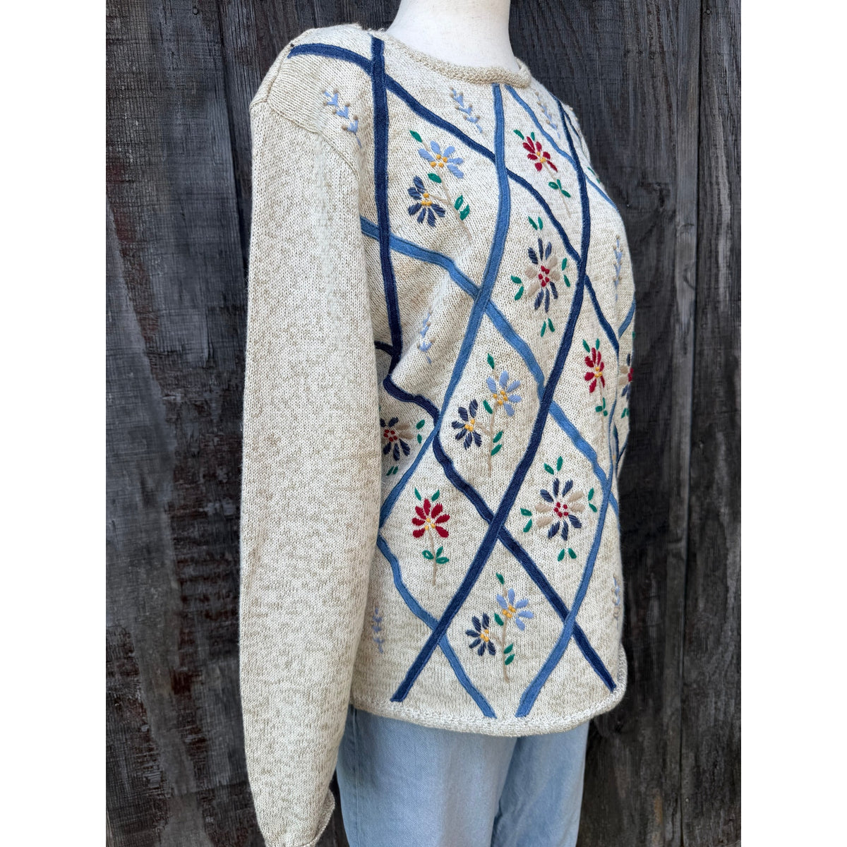 Vintage Embroidered Floral Trellis Knit Sweater, Small