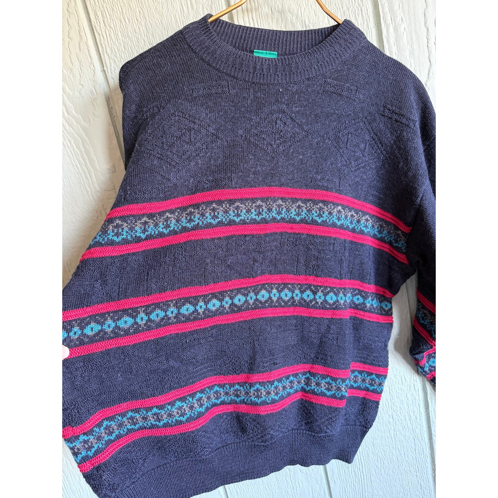 Vintage 90s Canda Knit Sweater Navy Red Teal Striped Textured Crewneck MD