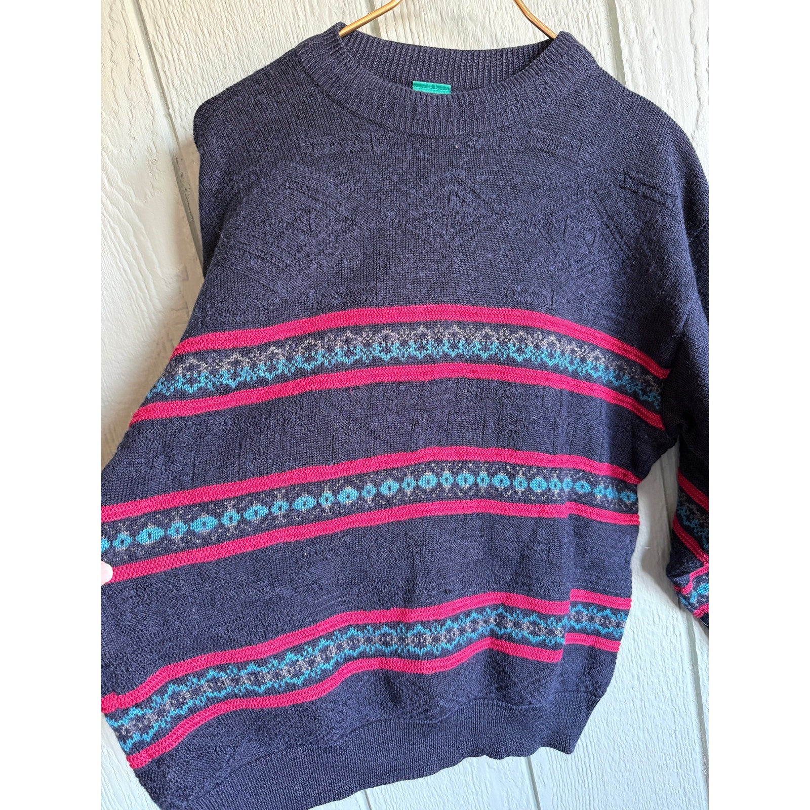 Vintage 90s Canda Knit Sweater Navy Red Teal Striped Textured Crewneck MD