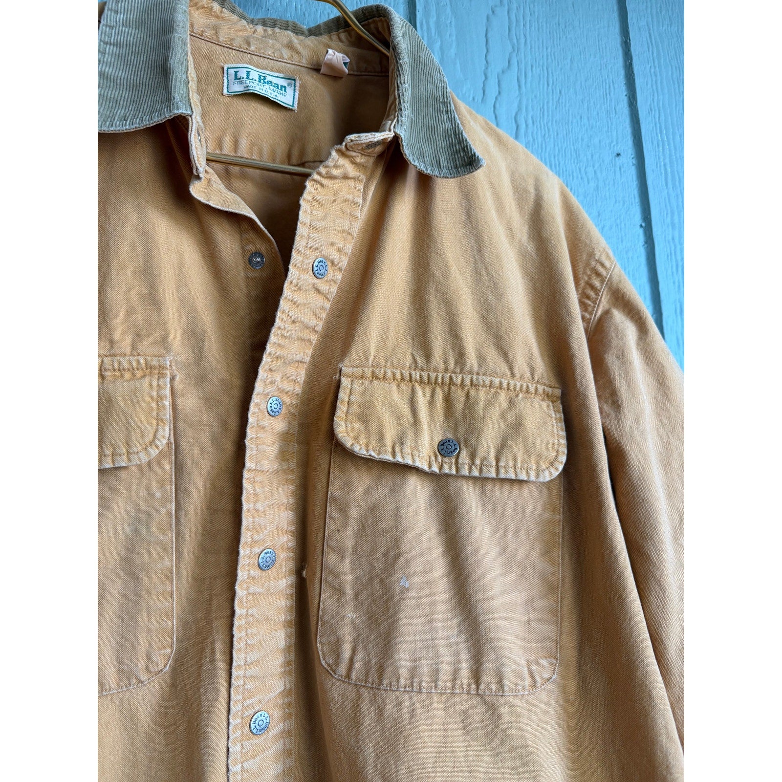 Vintage L.L.Bean Canvas Chore Shirt Jacket Tan Corduroy Collar USA Made 90s