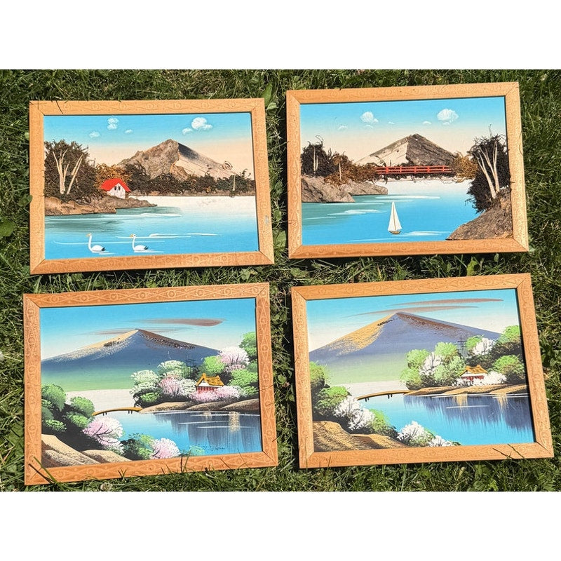 Vintage Japan Mount Fuji Wall Art Set of 4 Bark Diorama Landscapes Made in Japan