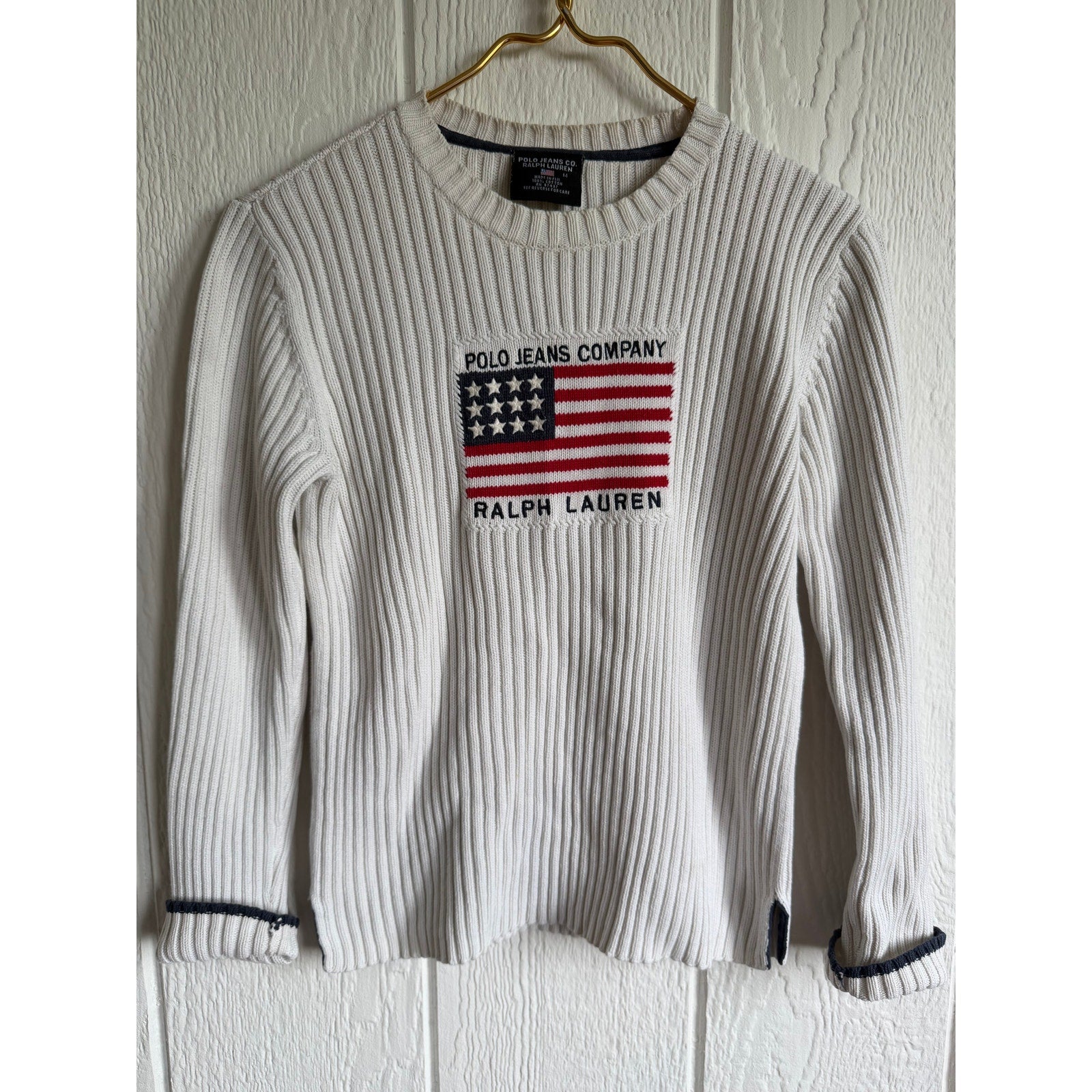 Vintage Polo Ralph Lauren Ribbed Knit Creamy Beige Luxury USA Flag Sweater Med