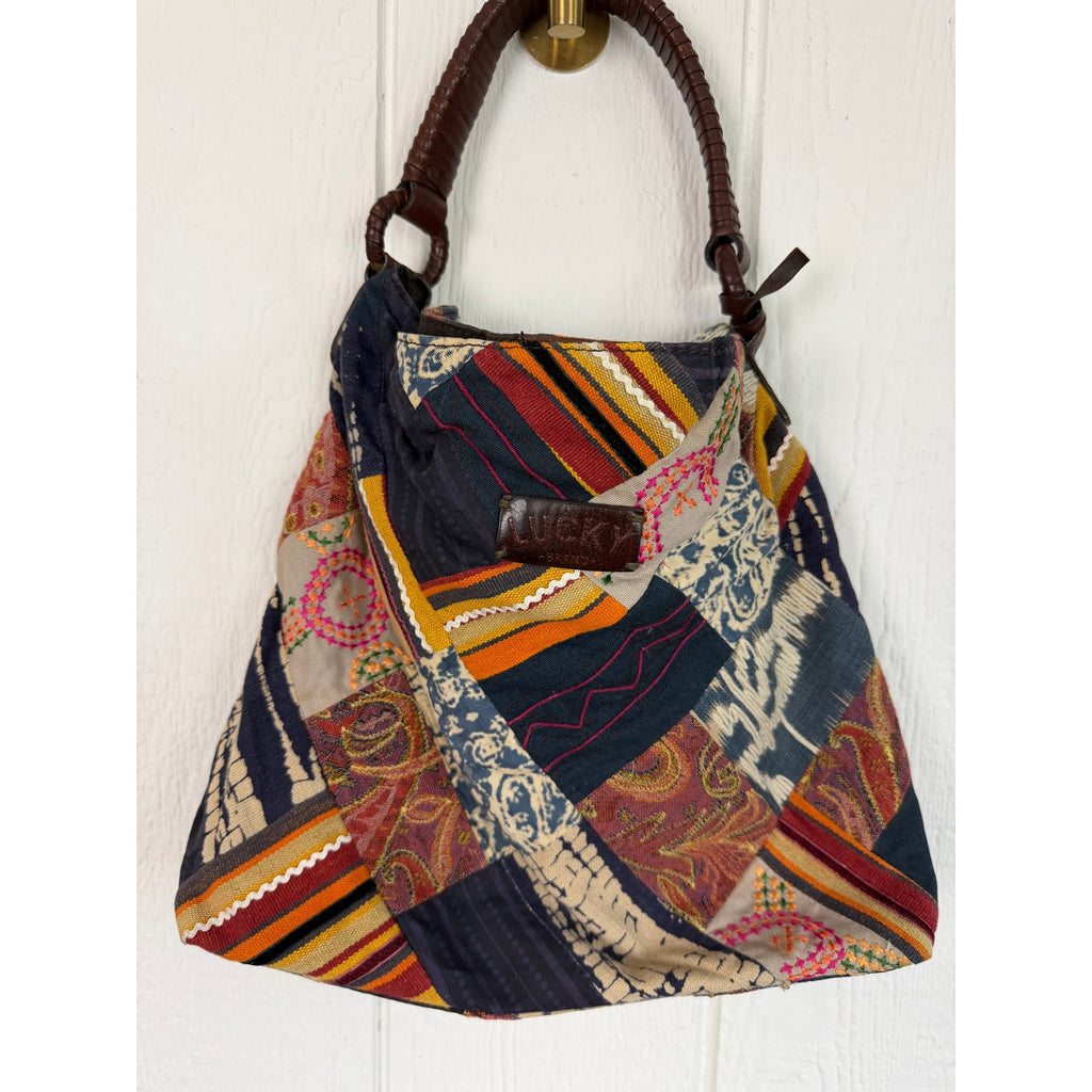 Y2K Lucky Brand Patchwork Shoulder Bag Boho Embroidered Textile Hobo Purse