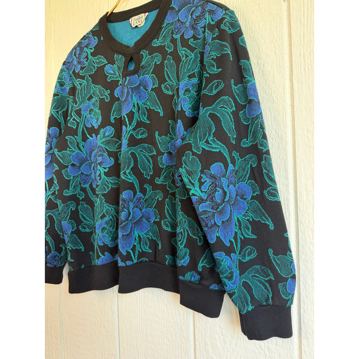 Vintage 80s 90s Cricket Lane Floral Jacquard Sweater Keyhole Black Teal Blue