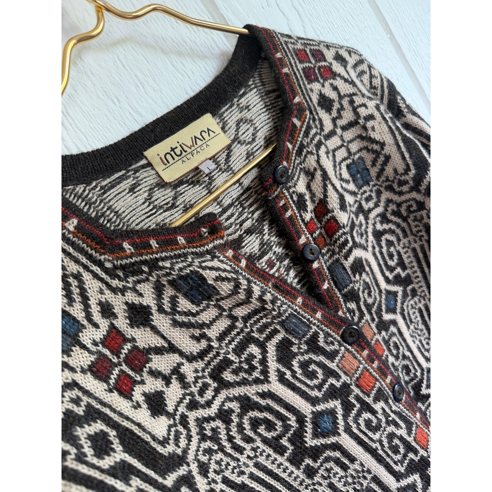 Vintage Intiwara Alpaca Wool Handmade Cardigan Sweater Print Large