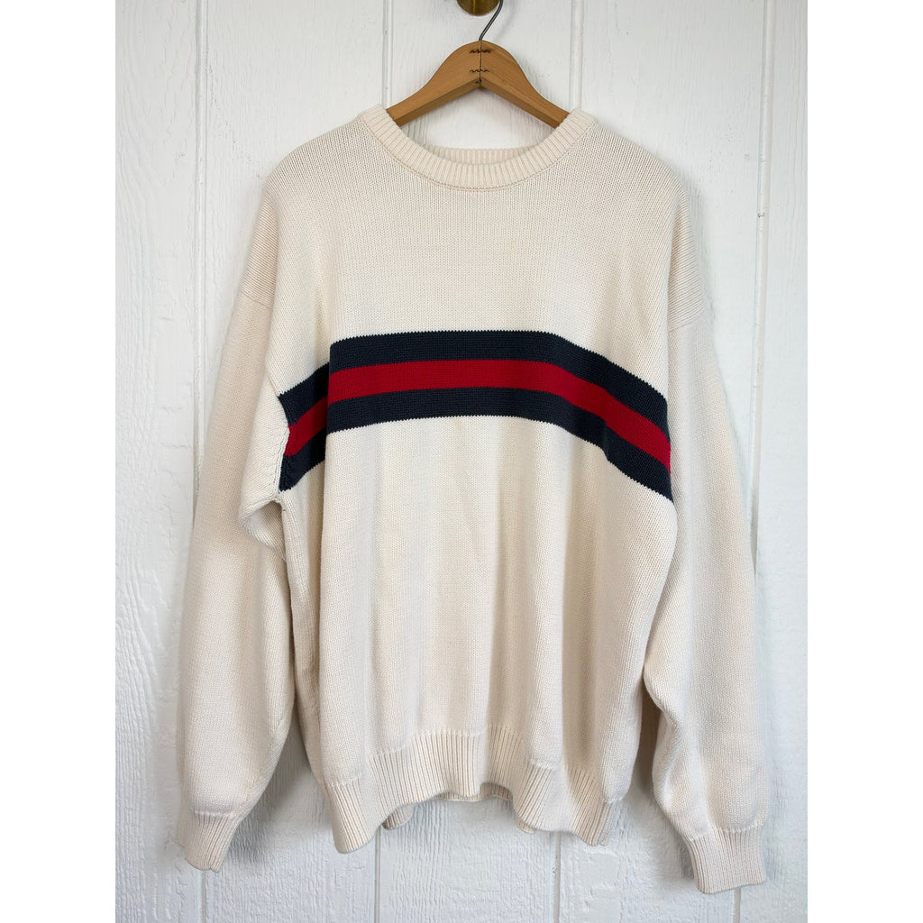 Vintage Croft & Barrow Cream Navy Red Stripe Cotton Knit Sweater Preppy 90s XL