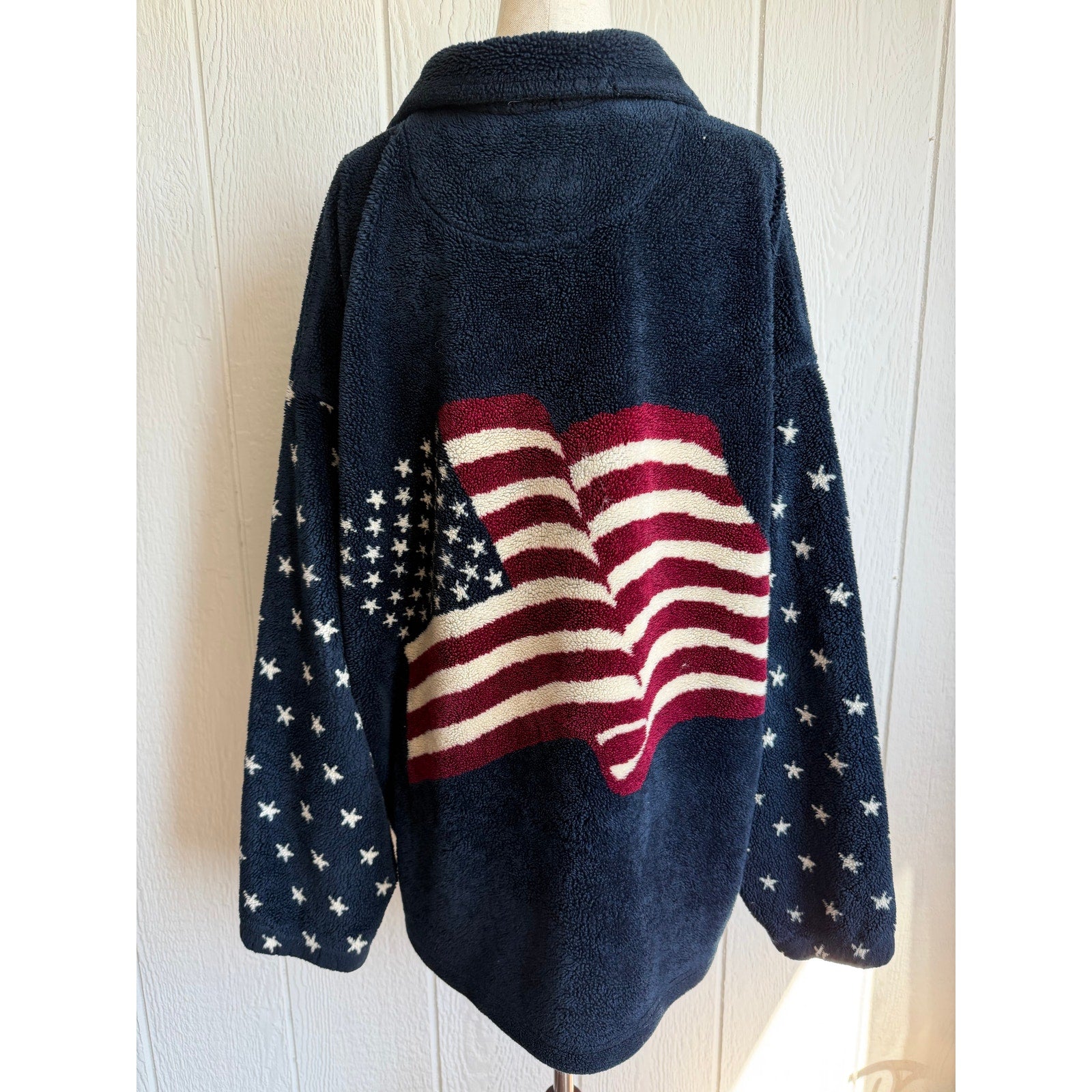 Vintage USA American Flag Sherpa Fleece Jacket Made in USA Patriotic Zip Up 2X