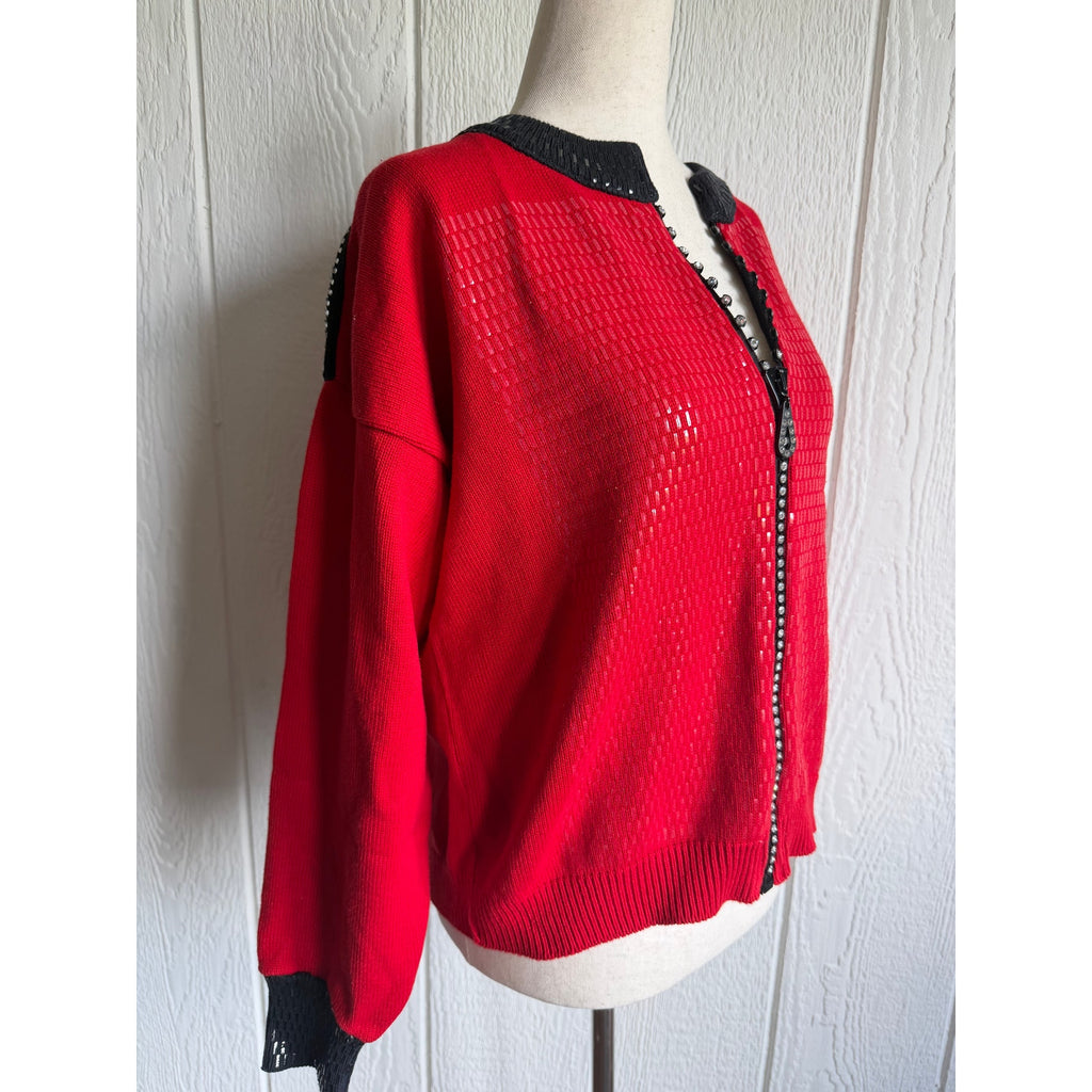 Vintage Mardel Red Rhinestone Zip Cardigan Sweater Sequin Statement