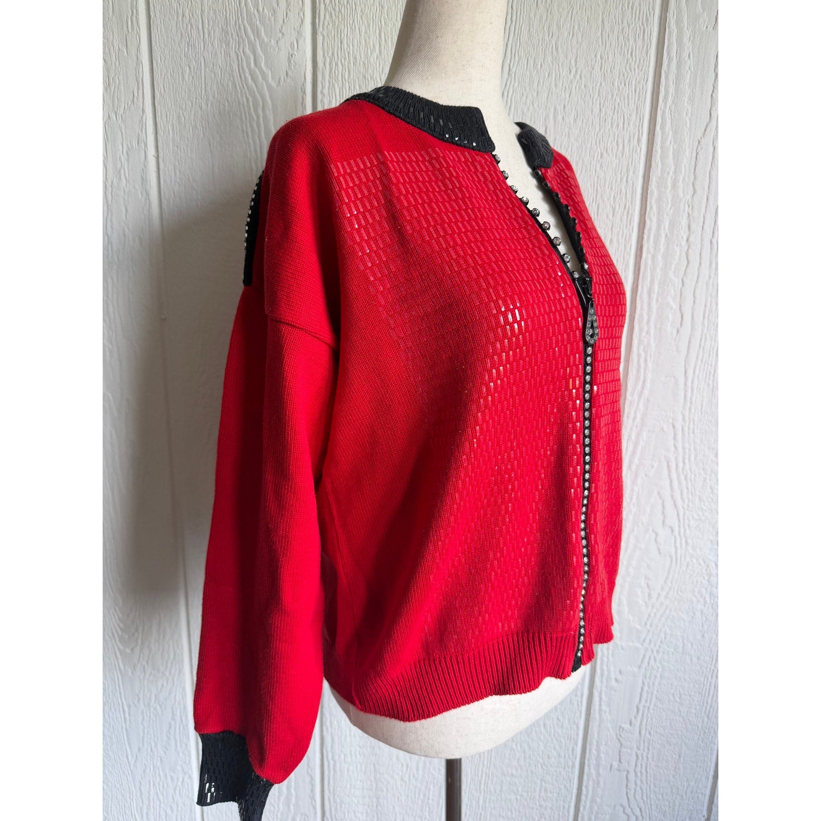 Vintage Mardel Red Rhinestone Zip Cardigan Sweater Sequin Statement