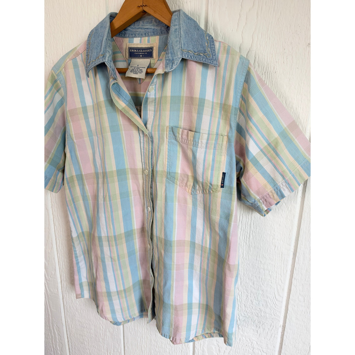 Vintage Erika Pastel Plaid Shirt Denim Collar Western 90s Cotton Button Up