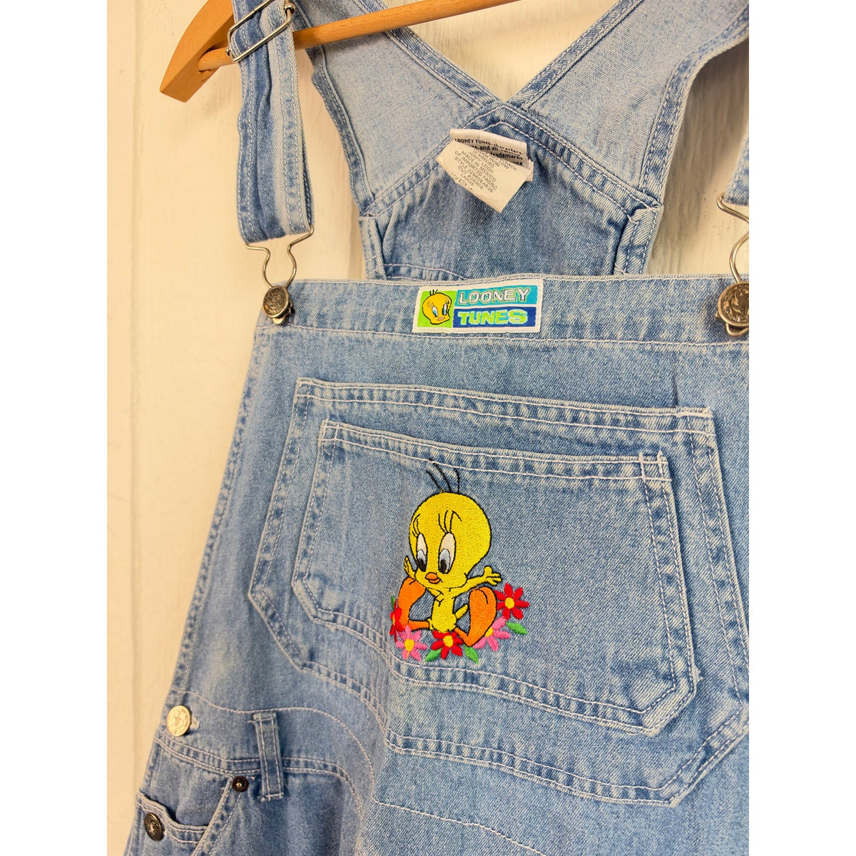 Vintage 90s Y2K Looney Tunes Tweety Bird Denim Shortalls Embroidered Large