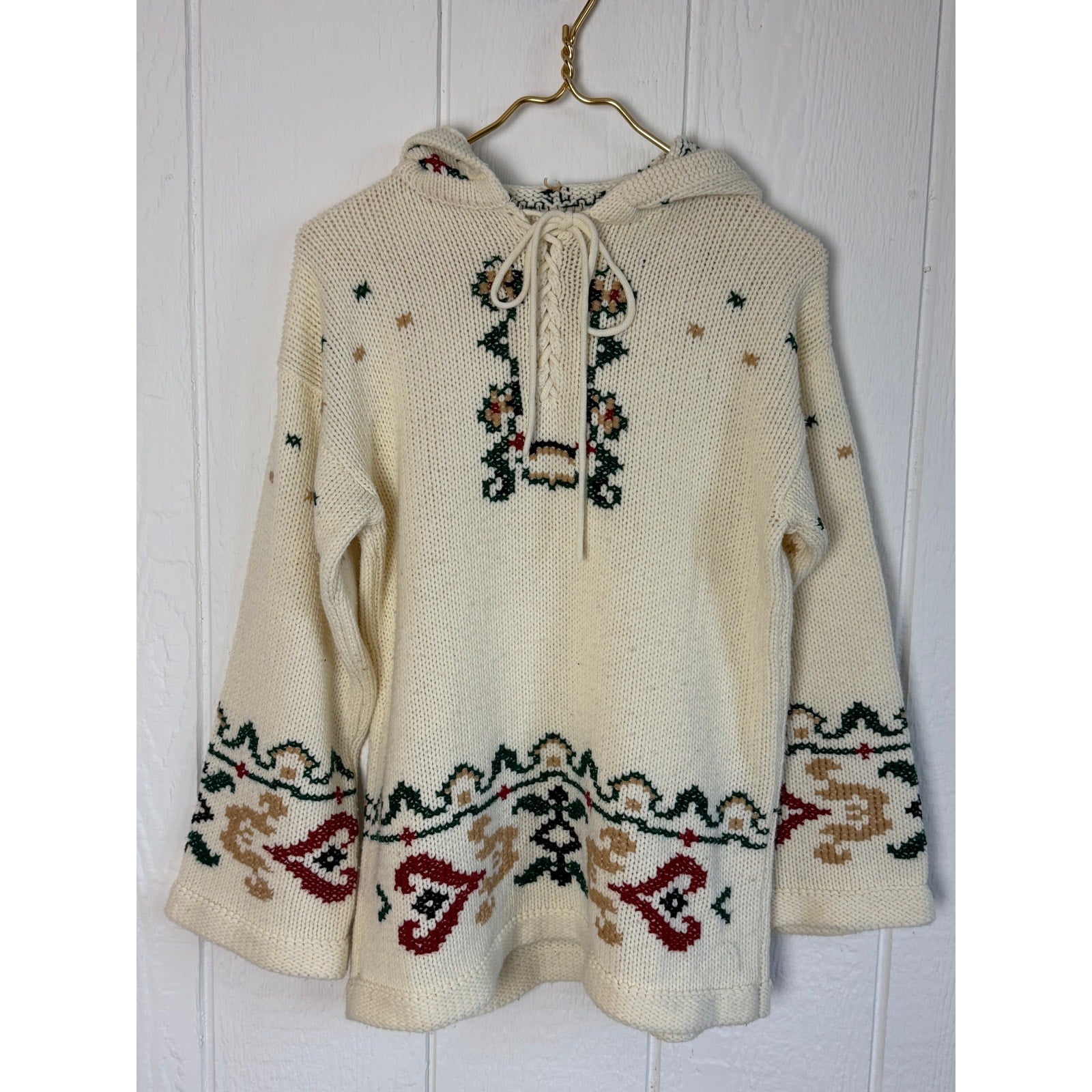 Vintage Hooded Knit Sweater Reindeer Bird Winter Folk Cottagecore Size S