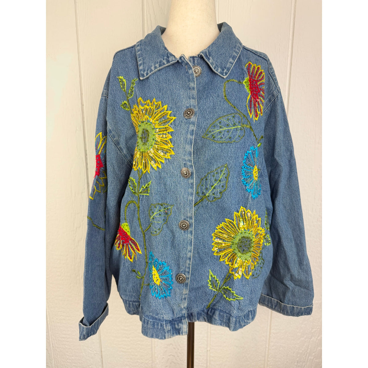 Vintage 90s Tantrums Embroidered Sunflower Denim Jacket Large Sequin Floral Boho