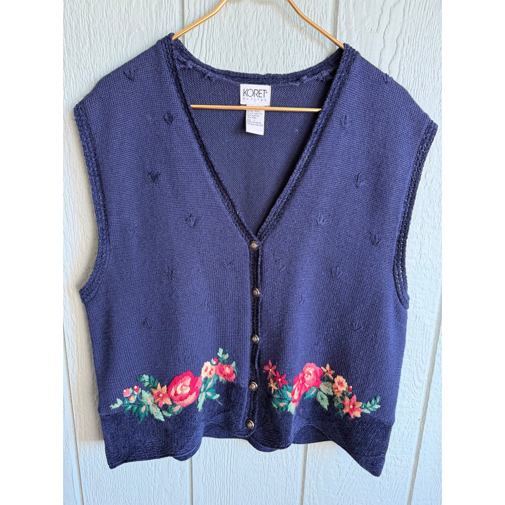 Vintage Koret Petites Floral Embroidered Knit Sweater Vest Button Front Size L