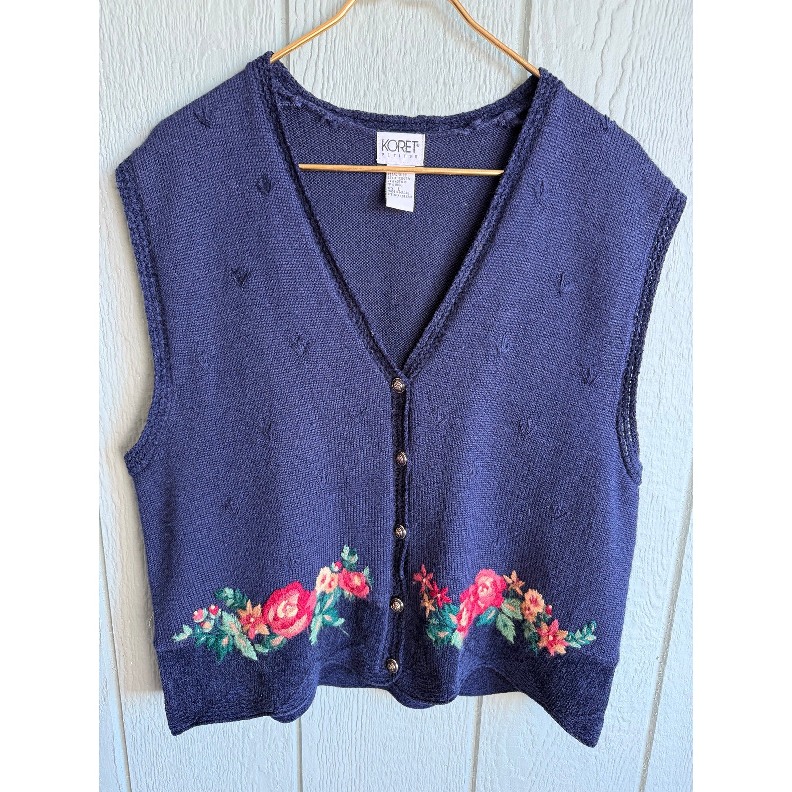 Vintage Koret Petites Floral Embroidered Knit Sweater Vest Button Front Size L