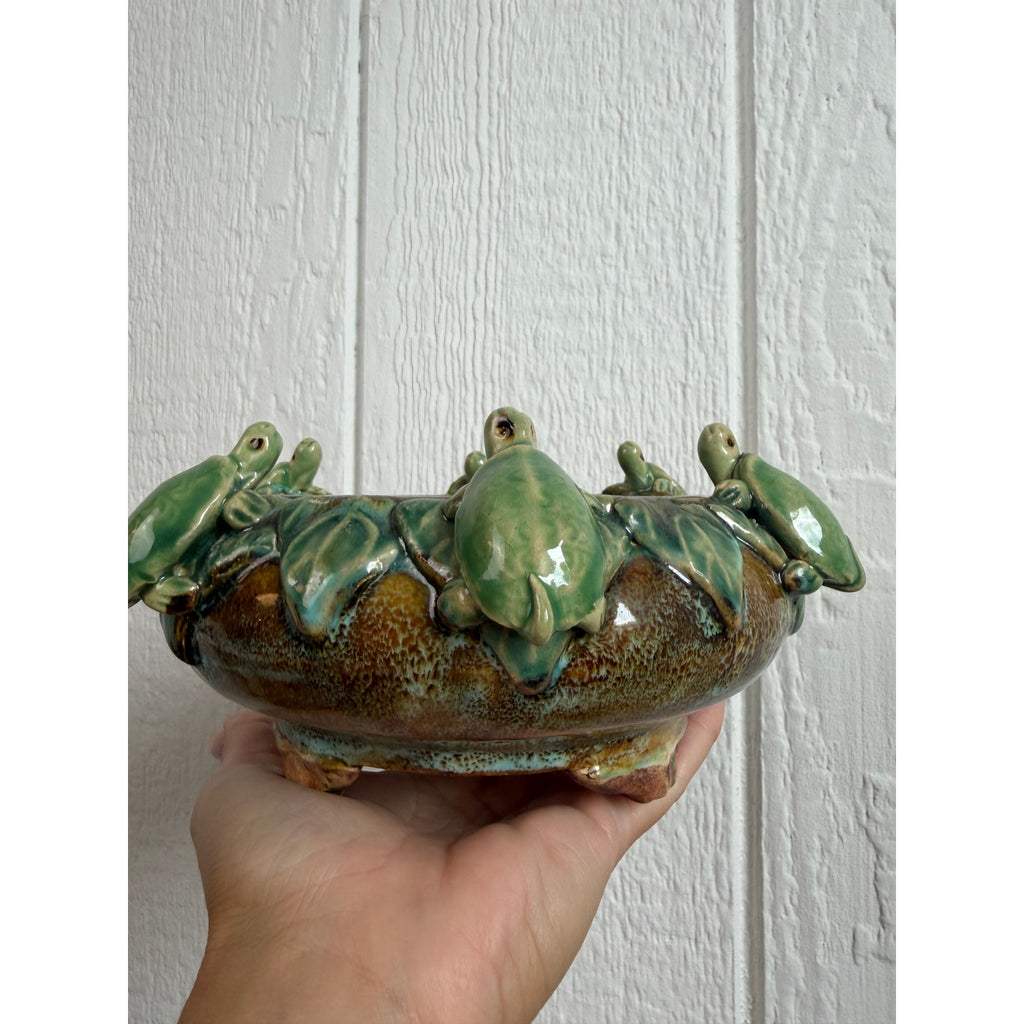Vintage Studio Art Pottery Turtle Bowl Planter Applied Turtles Green Glaze