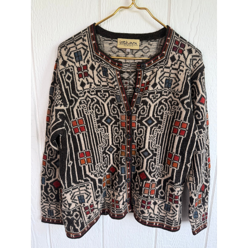 Vintage Intiwara Alpaca Wool Handmade Cardigan Sweater Print Large