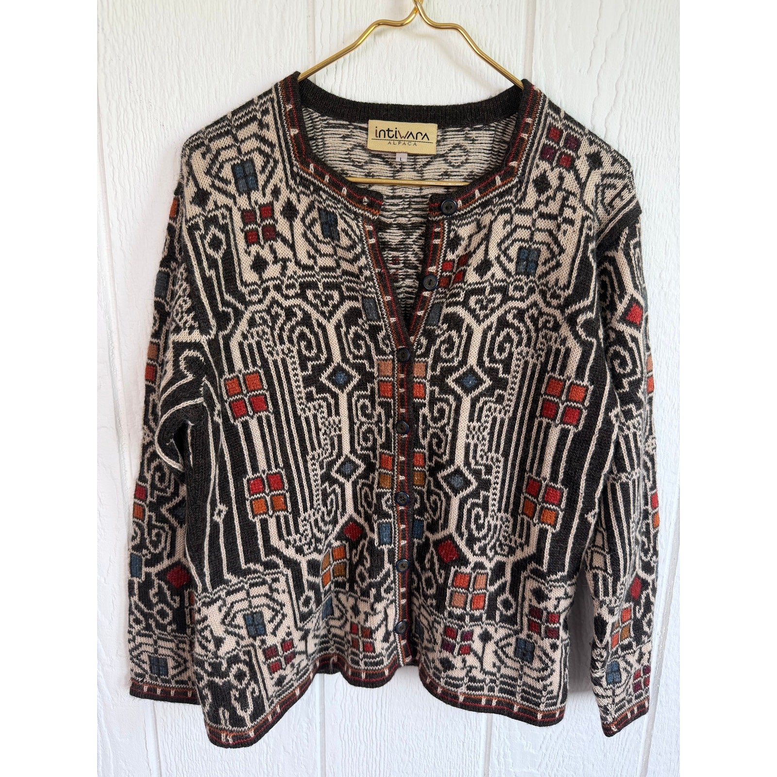 Vintage Intiwara Alpaca Wool Handmade Cardigan Sweater Print Large