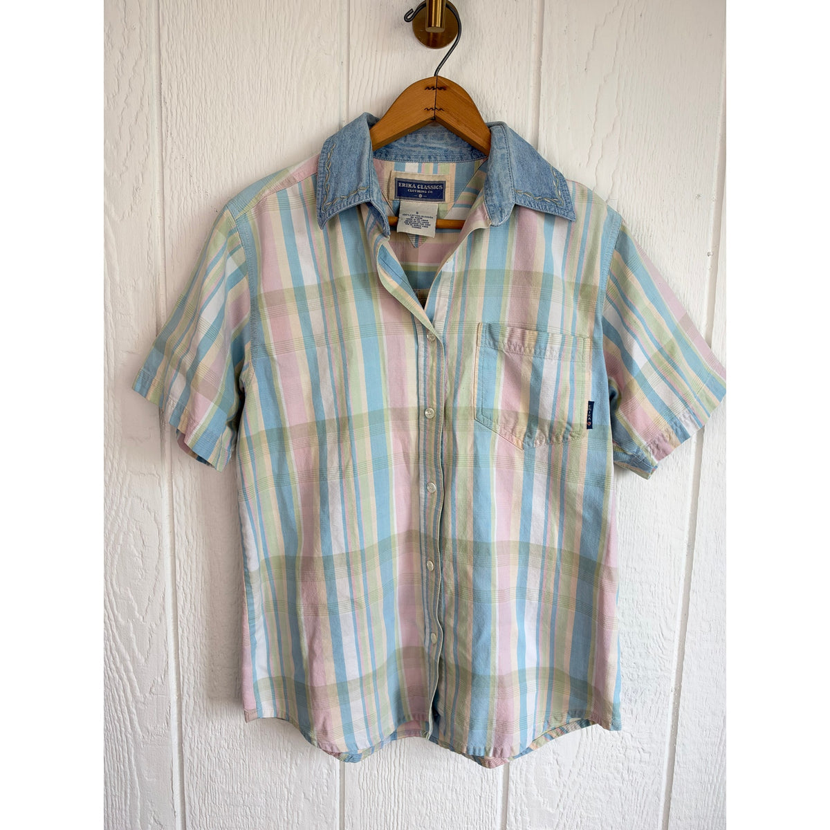 Vintage Erika Pastel Plaid Shirt Denim Collar Western 90s Cotton Button Up