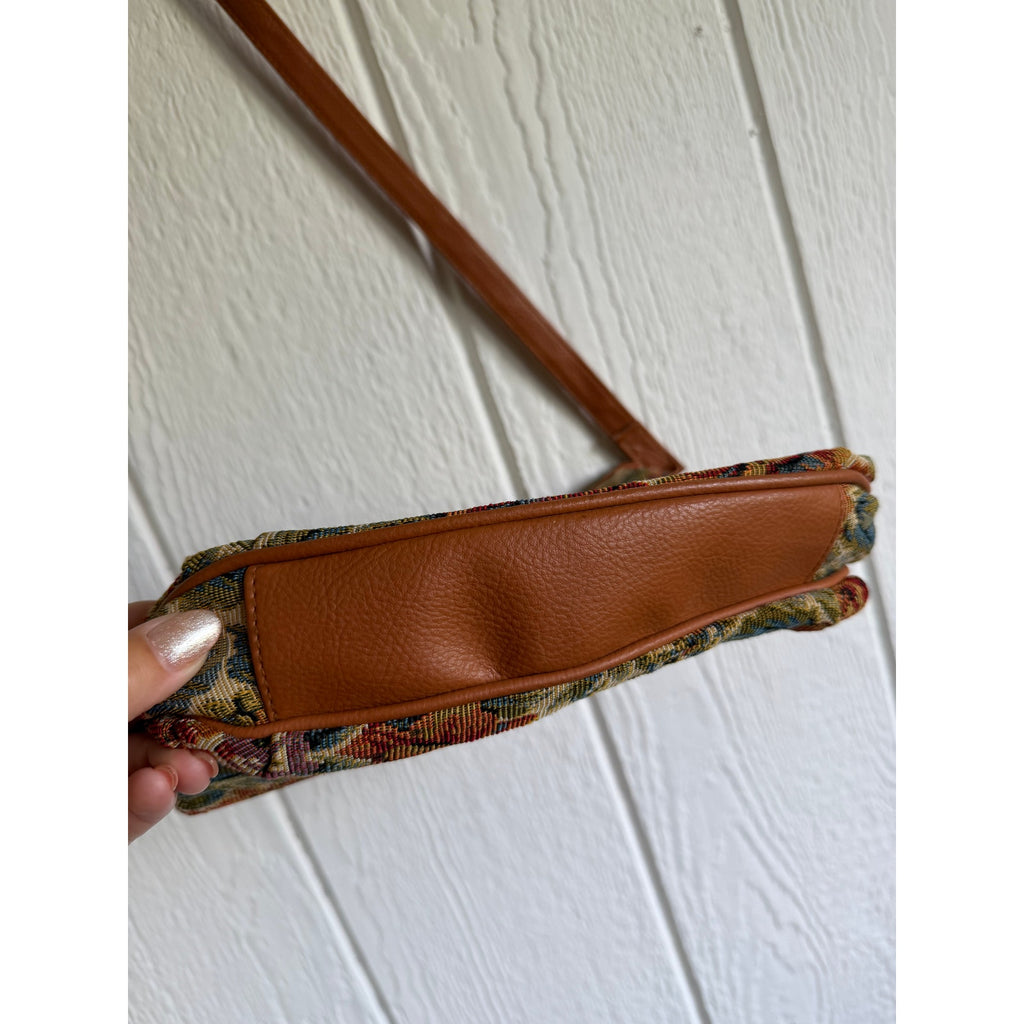 Vintage Floral Tapestry Crossbody Bag Leather Trim Boho Cottagecore Shoulder