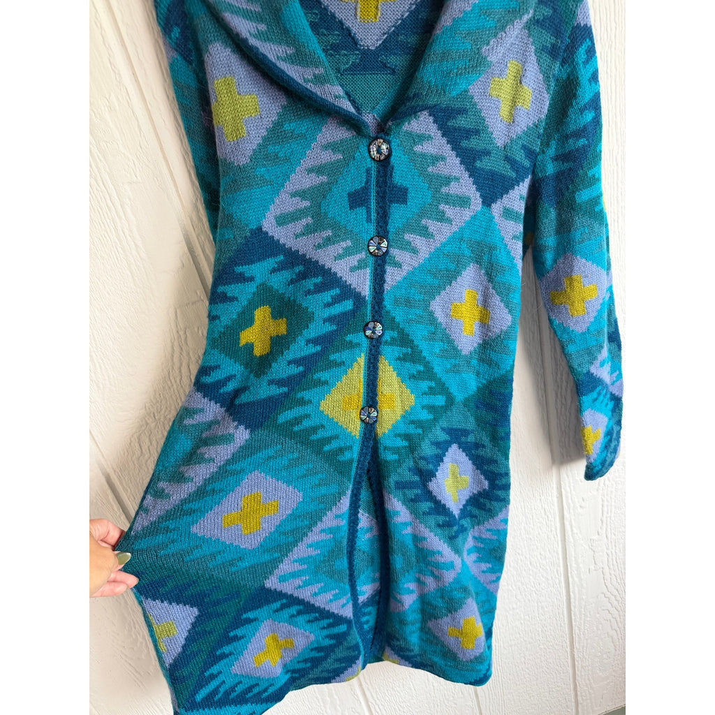 VTG Peruvian Alpaca Wool Tey Art Peru Long Cardigan Medium Sweater Southwestern