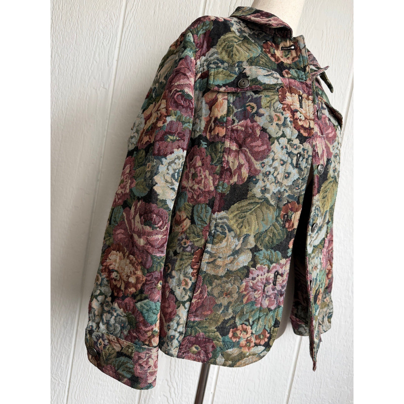 Vintage Floral Tapestry Jacket Cottagecore Rose Woven Jacket Petite PM