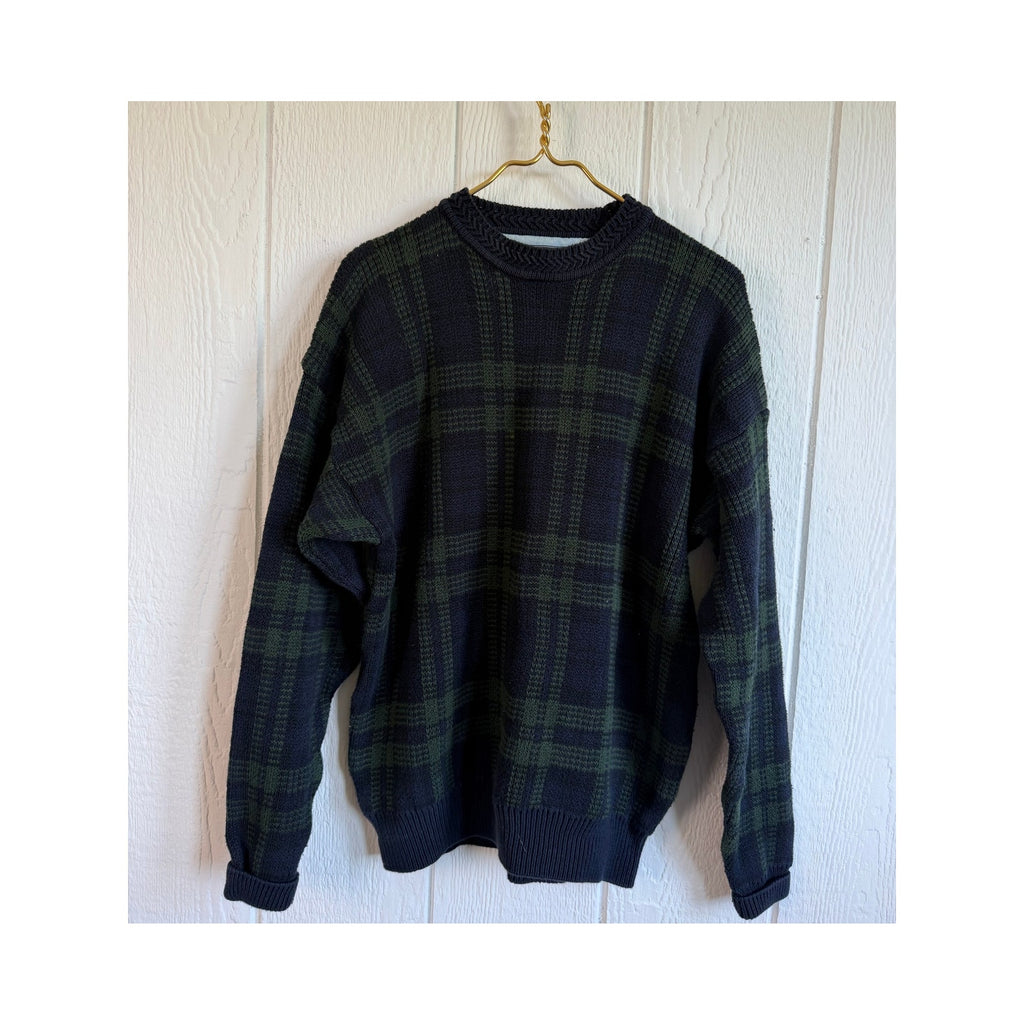 Vintage Woods & Navy Blue Green Plaid Cotton Sweater Size M 90s Grandpa Knit