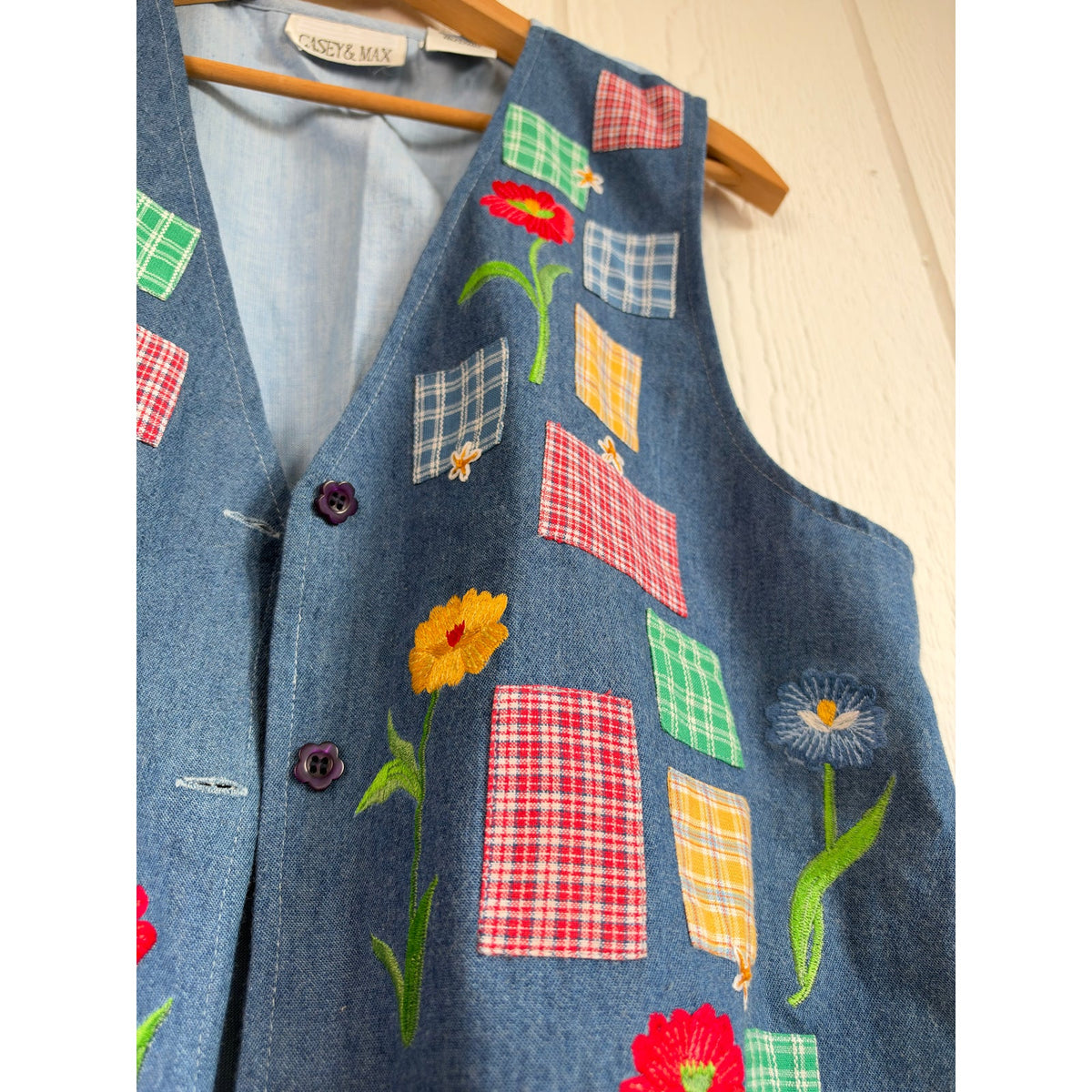 Vintage 90s Denim Vest Floral Embroidered Plaid Patchwork Cottagecore