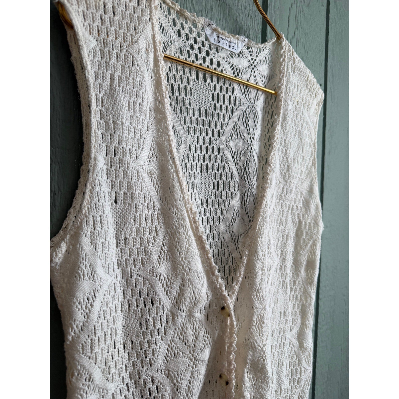 Vintage Express Crochet Knit Vest Cream Open Front Boho 90s USA