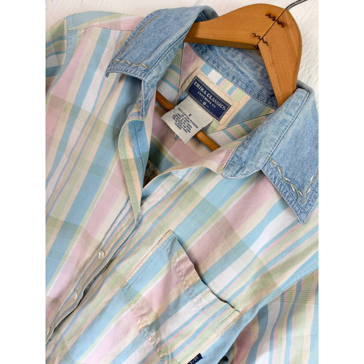 Vintage Erika Pastel Plaid Shirt Denim Collar Western 90s Cotton Button Up