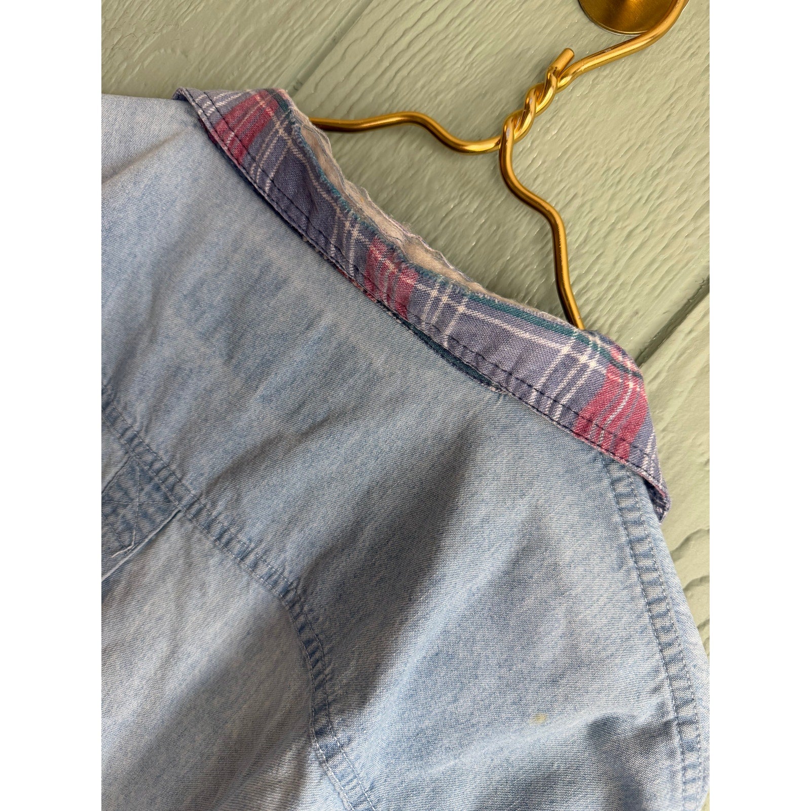 Vintage Denim Button-Up Shirt | Plaid Lined Collar | 90s Workwear