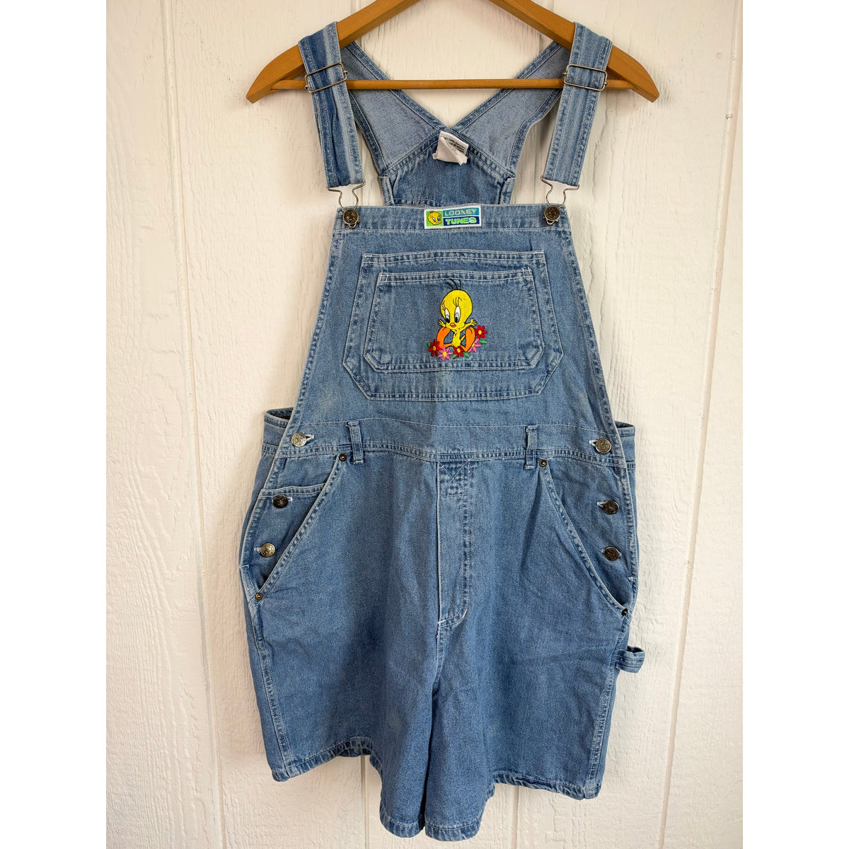 Vintage 90s Y2K Looney Tunes Tweety Bird Denim Shortalls Embroidered Large