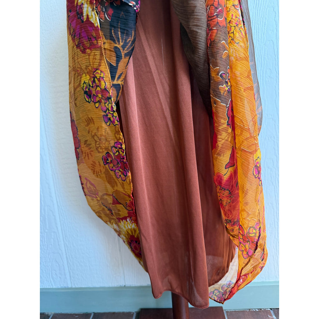 Vintage Floral Chiffon Maxi Dress Brown Orange Boho Empire Waist Medium