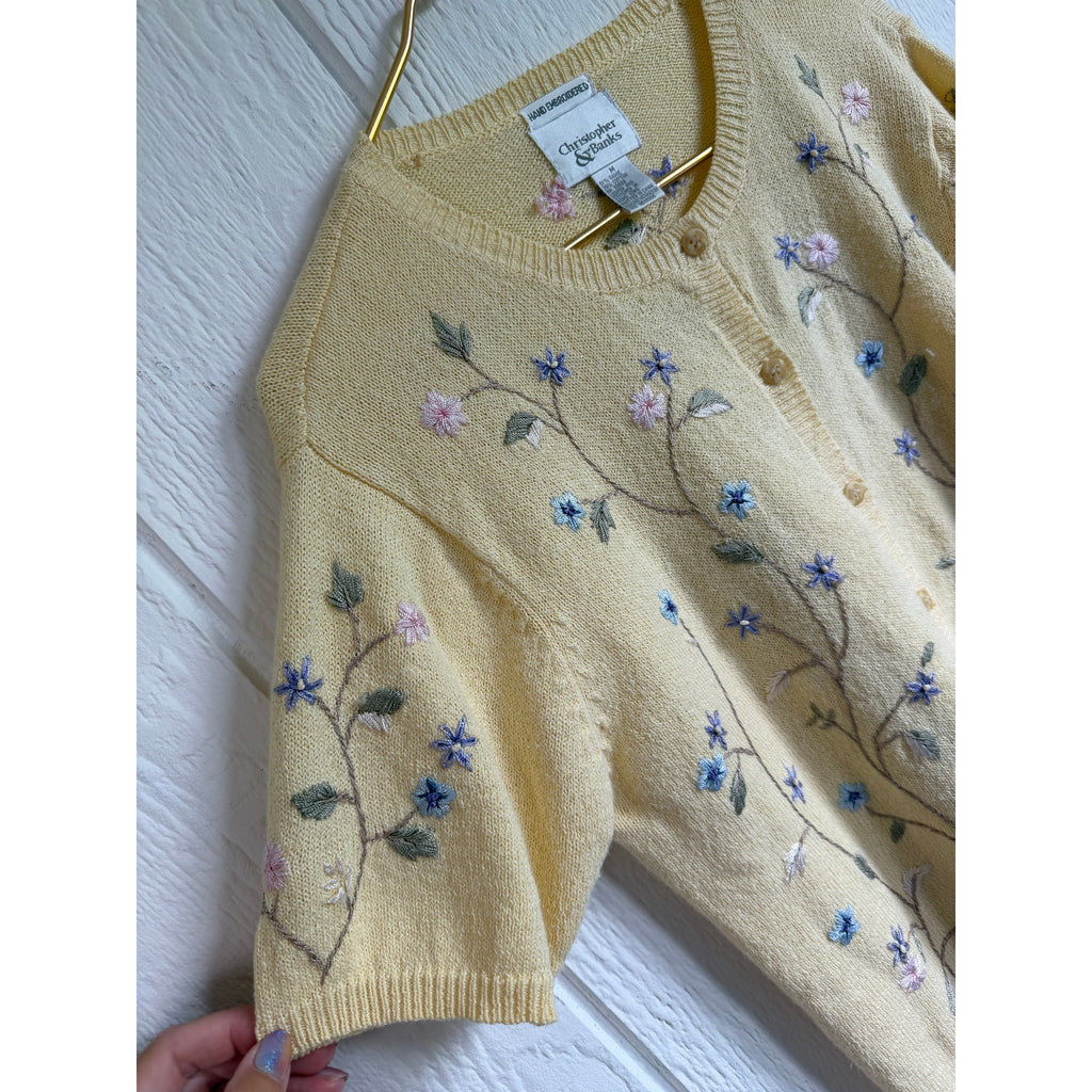 Vintage Christopher & Banks Hand Embroidered Floral Cardigan Sweater Medium