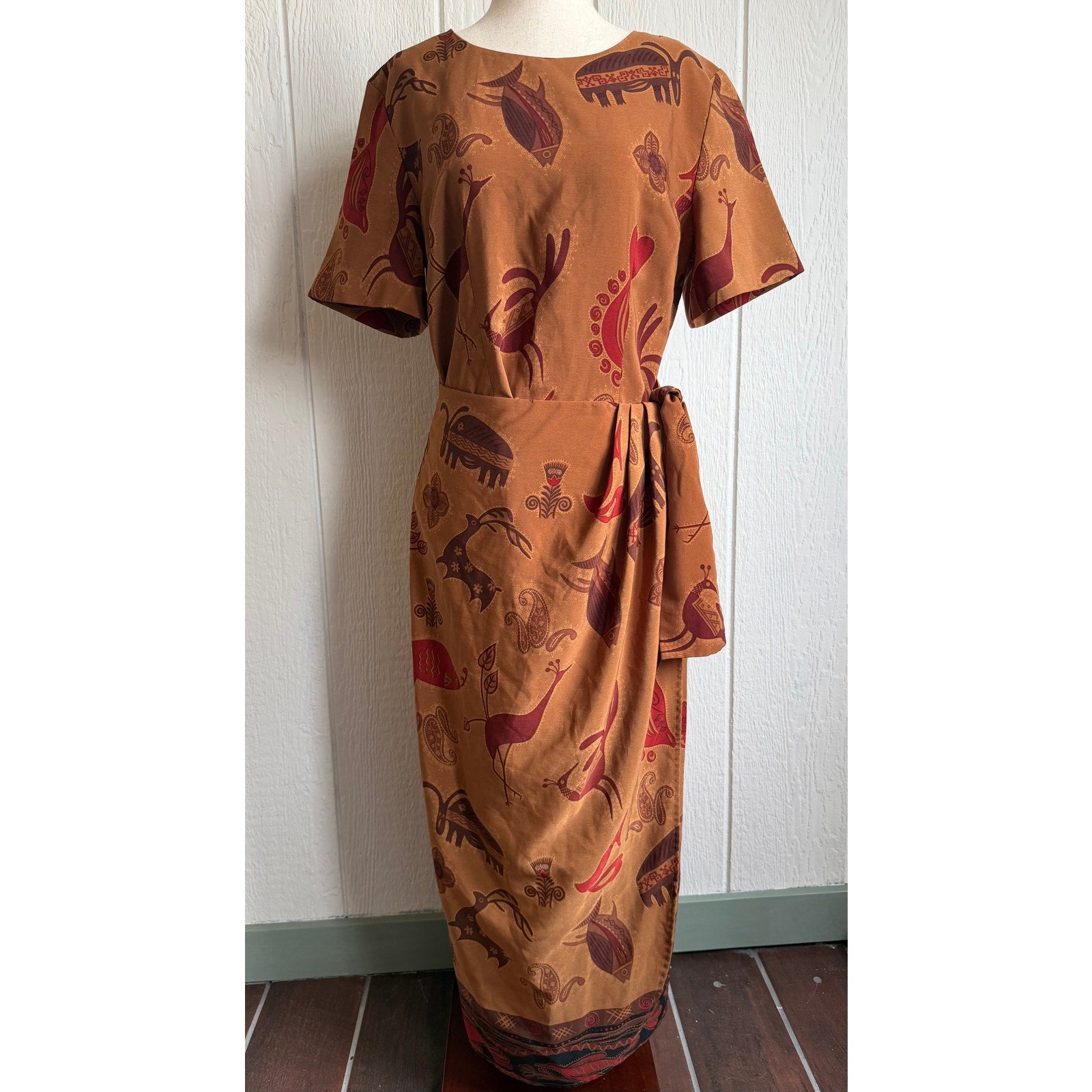 Vintage 90s Sag Harbor Dress Tribal Animal Print Midi Size 8