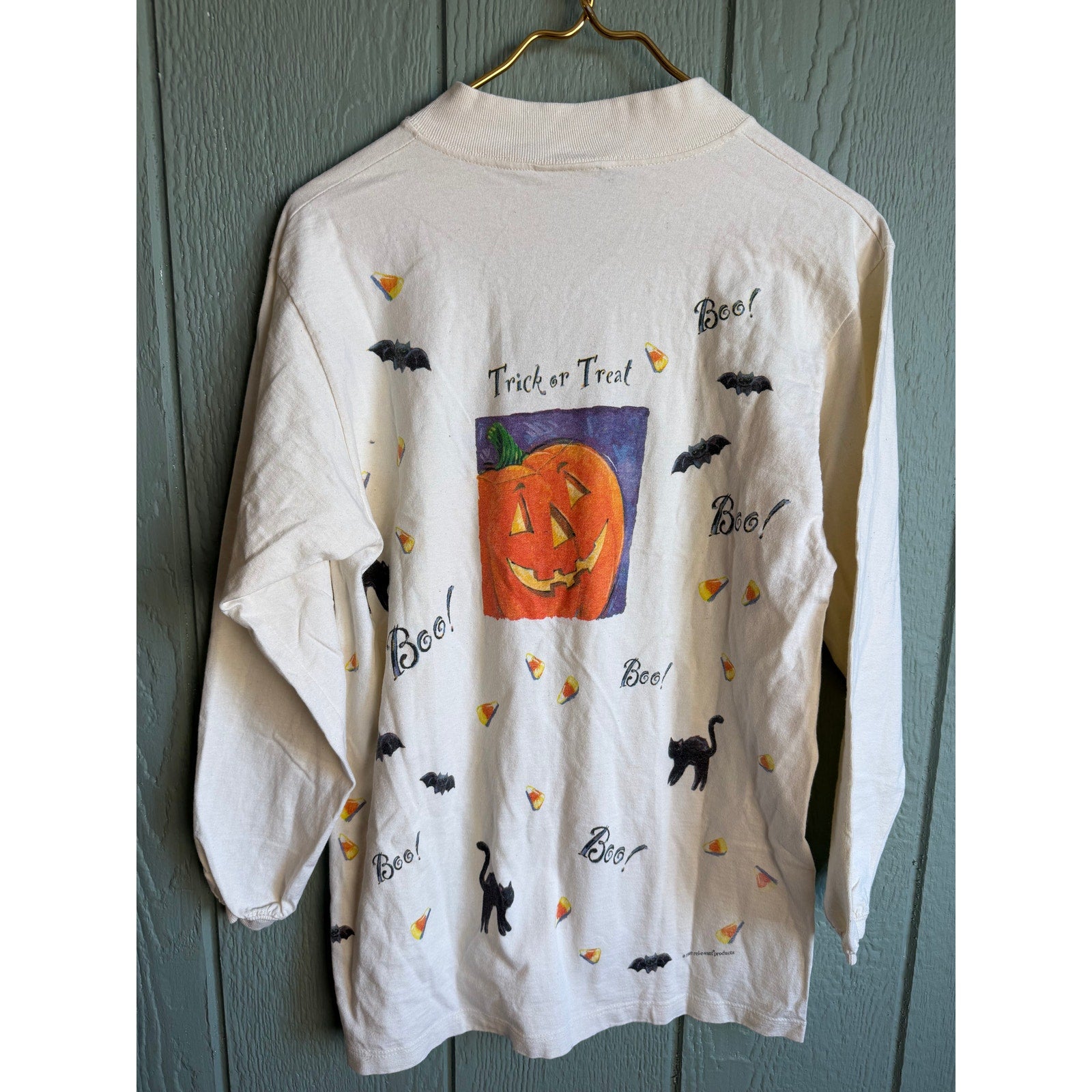 Vintage Halloween Long Sleeve Trick or Treat Pumpkin Boo Cats Bat 1997 | Medium