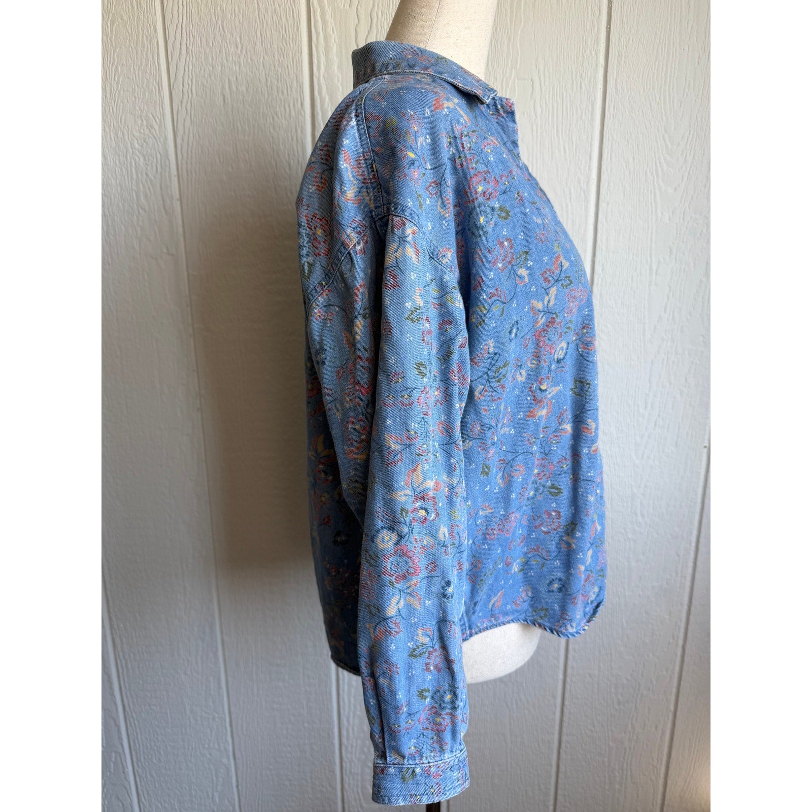 Vintage Floral Denim Jacket Women PL Button Front Cottagecore Blue