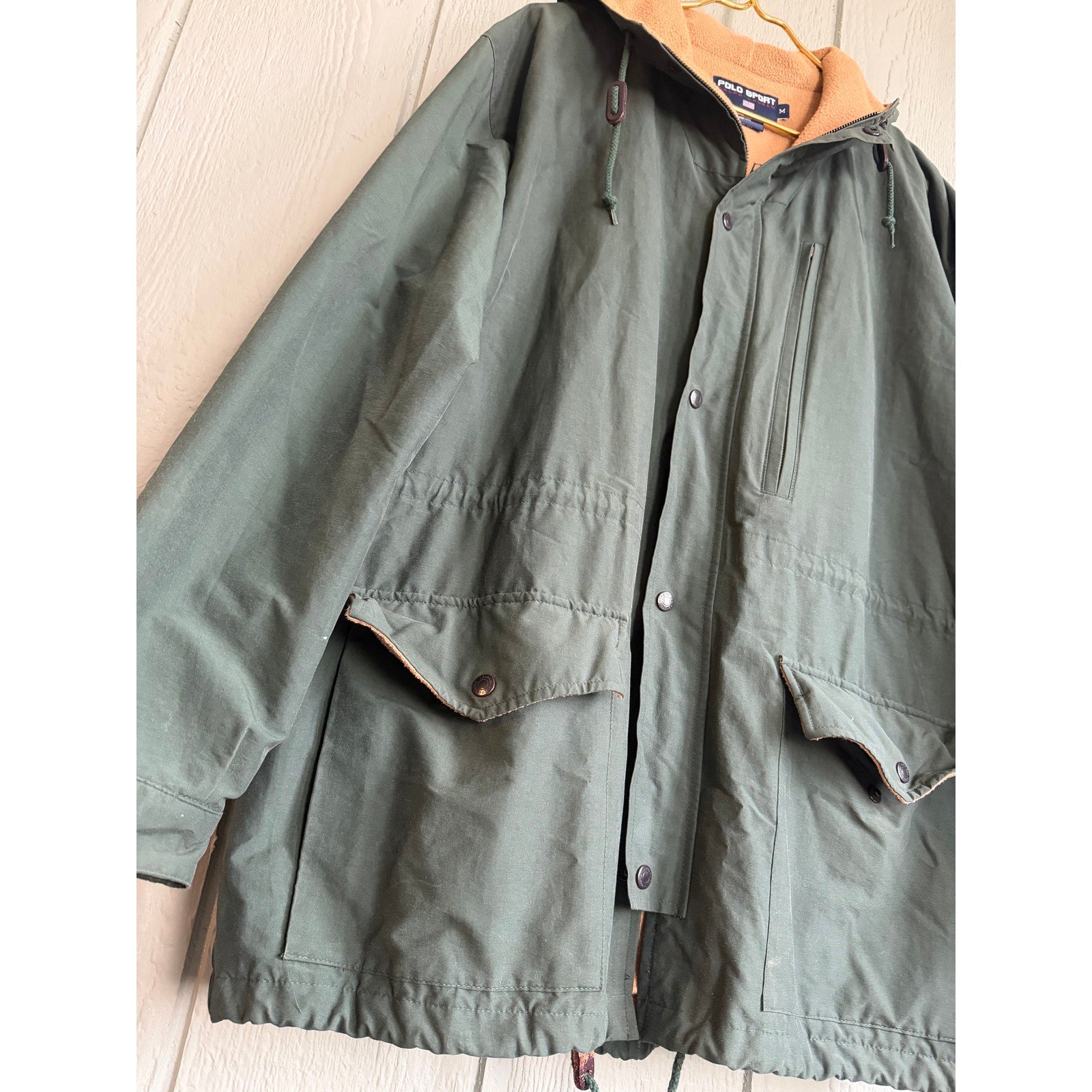 Vintage 90s Polo Sport Ralph Lauren Parka Jacket Green Tan Fleece Lined Men’s M