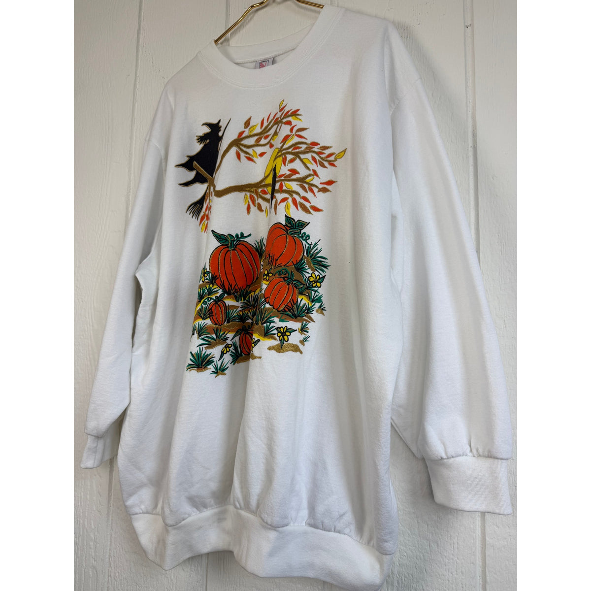 Vintage 90s Halloween Sweatshirt Witch Owl Pumpkin Graphic White USA 3X