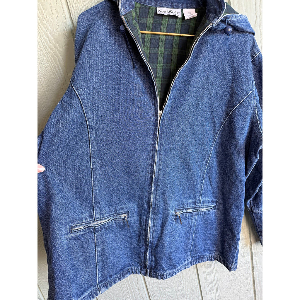 Vintage Denim Barn Jacket: Plaid Lined Fisherman's Jean Jacket XL