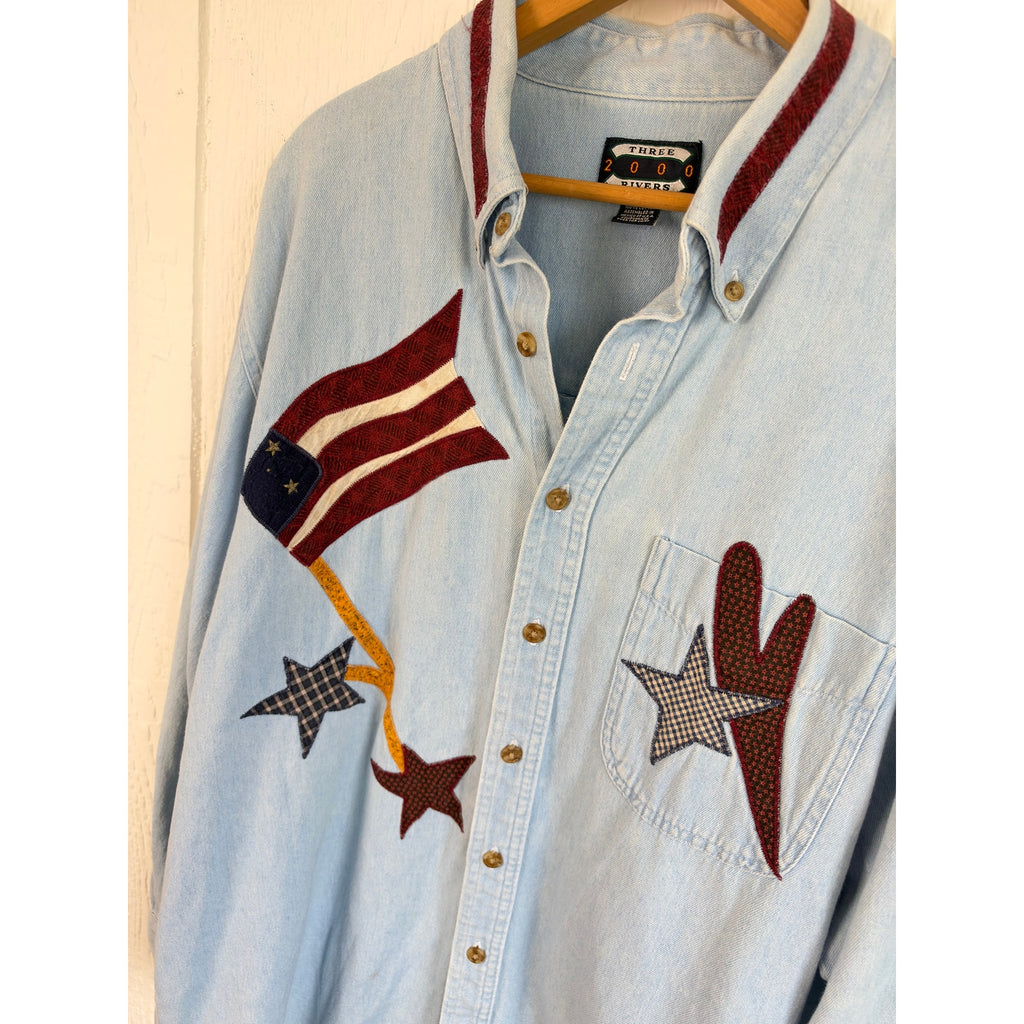 Vintage 90s Three Rivers 2000 Denim Shirt Patriotic Flag Star Applique XL