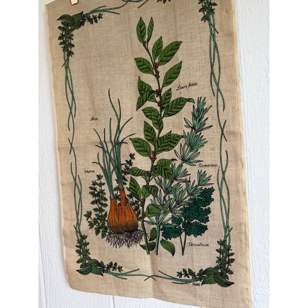 Vintage Botanical Herbs Linen Tea Towel Kitchen Wall Hanging Bay Rosemary Thyme