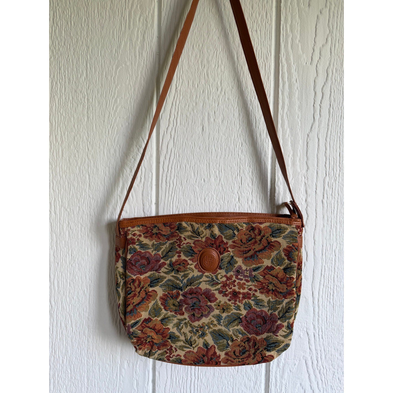 Vintage Floral Tapestry Crossbody Bag Leather Trim Boho Cottagecore Shoulder